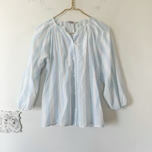 Tucker The Classic Blouse Baby Blue and White Striped Smocked Silk Shirt XS
